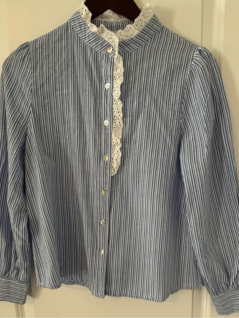 Q2 Blue and White Striped Lace-Trim Button-Down Blouse